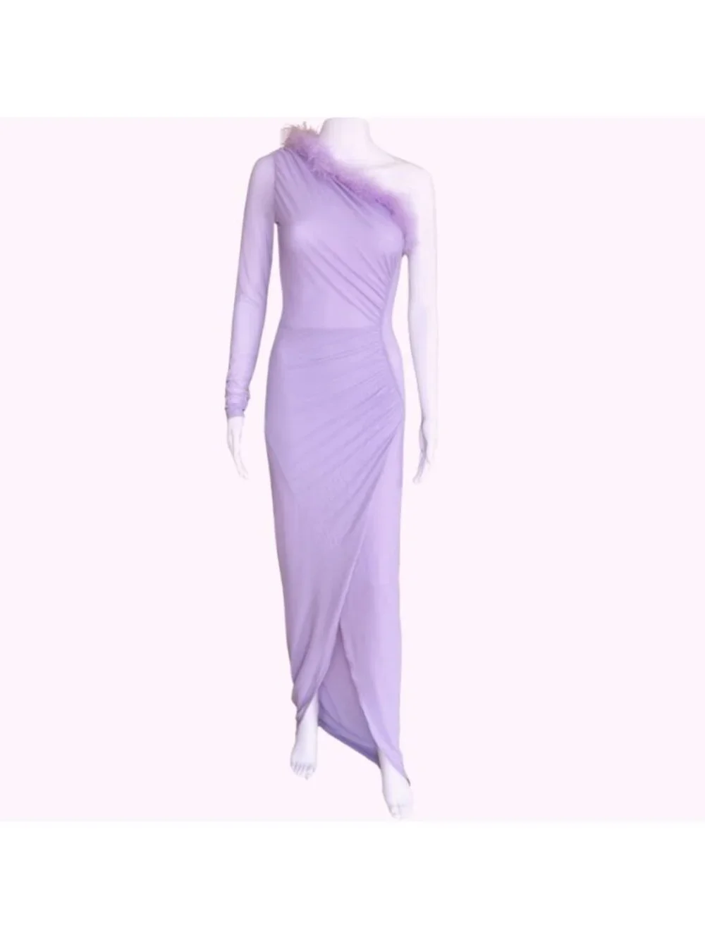 KikiRiki Feathered One Shoulder Front Slit MaxiDress Lilac Purple Size Small NWT